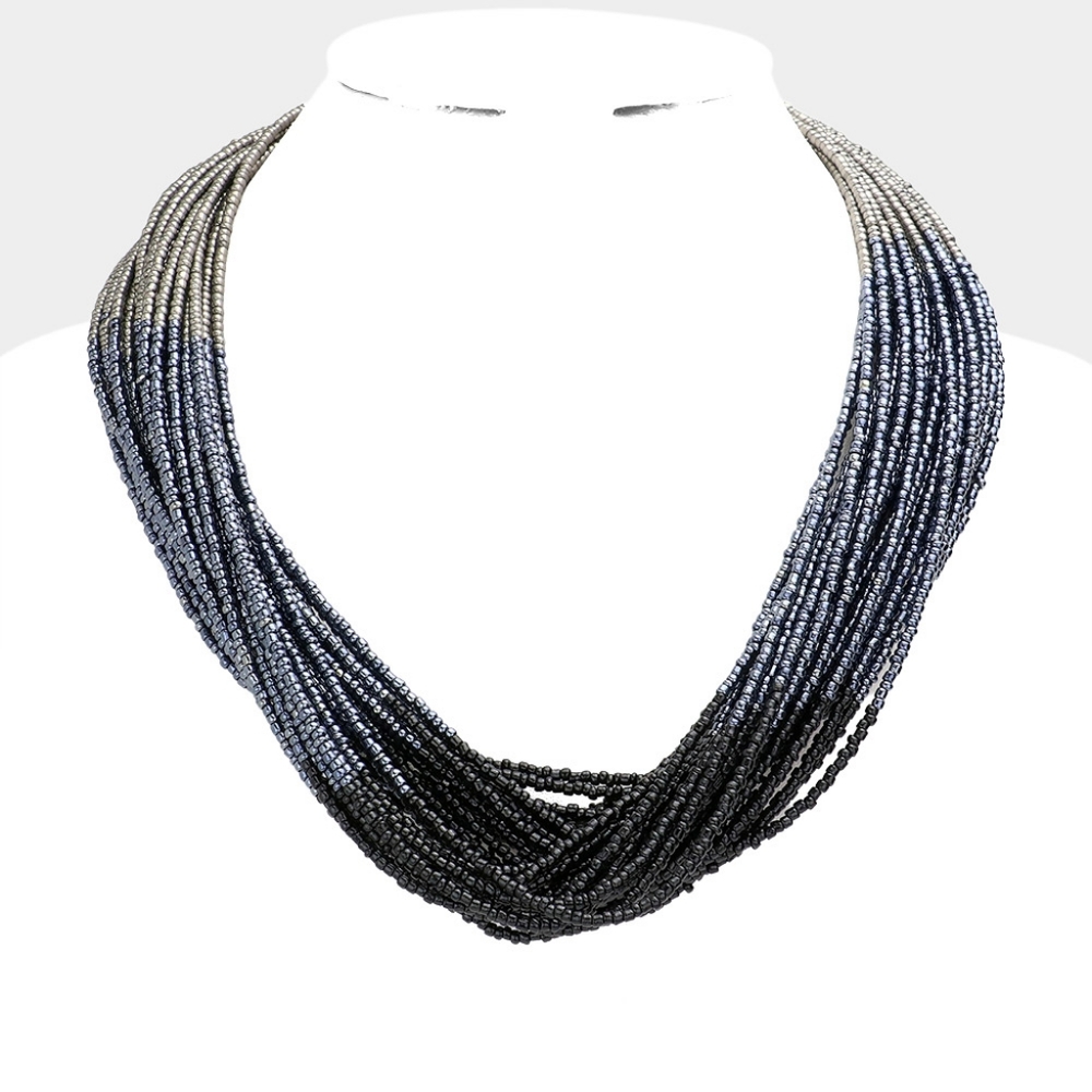 Black Multi Strand Beaded Layered Bohemian Necklace Seed Chain Boho